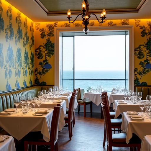 Interni chic di un ristorante panoramico a Sorrento con pareti decorate Corallo Carta, motivo di limoni e mare